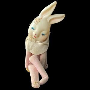 Vintage Knee Hugger Bunny Rabbit Celluloid Pink Felt Japan Easter Decor FLAW